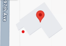Illustrated NW 97th Avenue entrance: red dot next to the back edge of the grey house, separate from the Google address pin