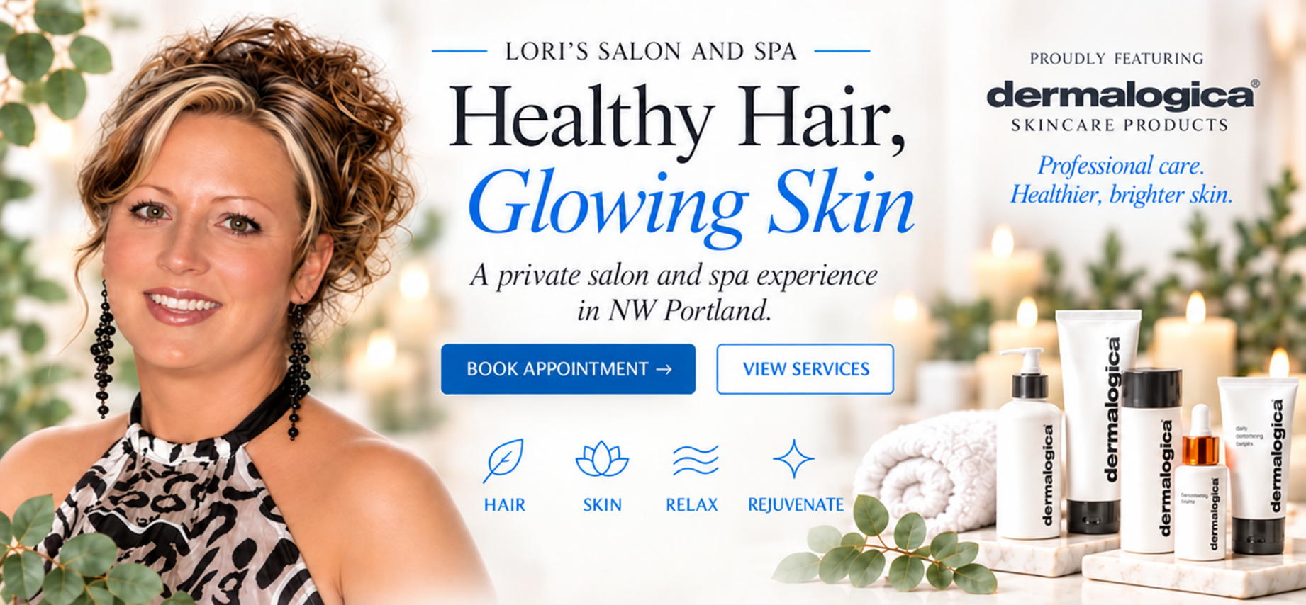 Lori alongside candles and Dermalogica skincare. Healthy Hair, Glowing Skin. A private salon and spa experience in NW Portland.