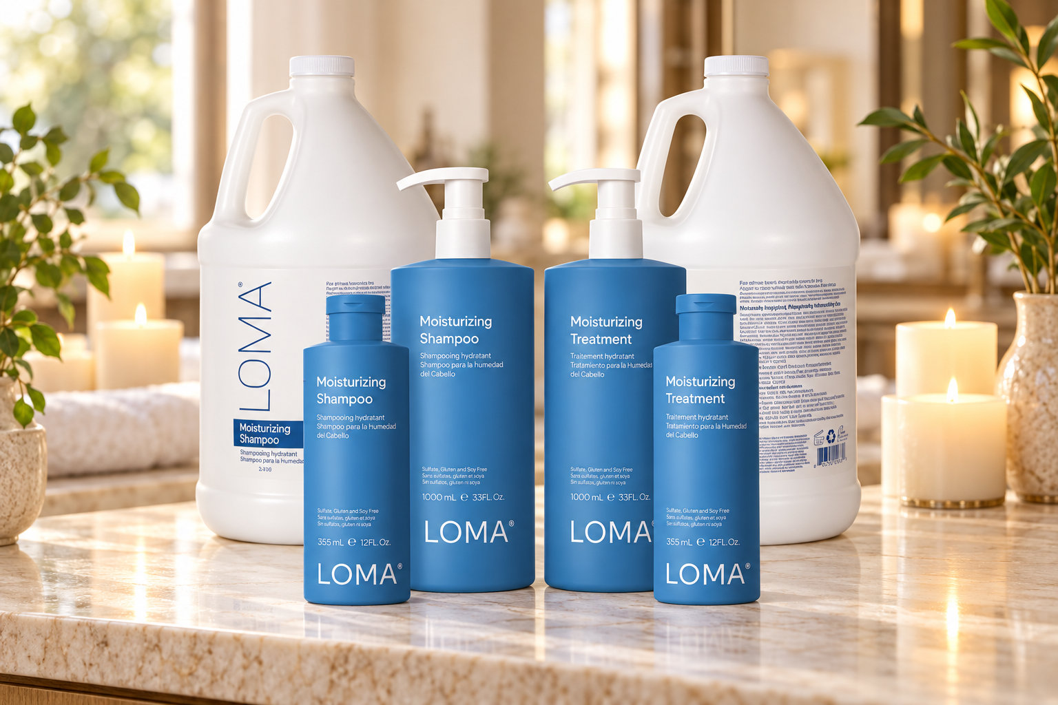 LOMA Moisturizing Shampoo and Moisturizing Treatment in blue bottles and white gallon jugs, arranged with candles