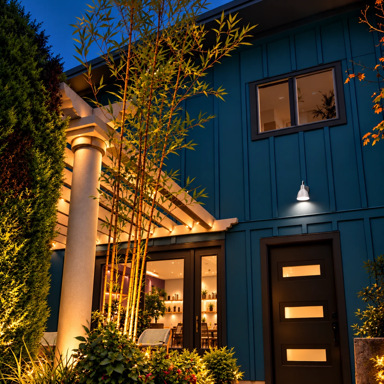 Lori's Salon exterior at dusk with teal-blue siding, bamboo and warm entrance lights