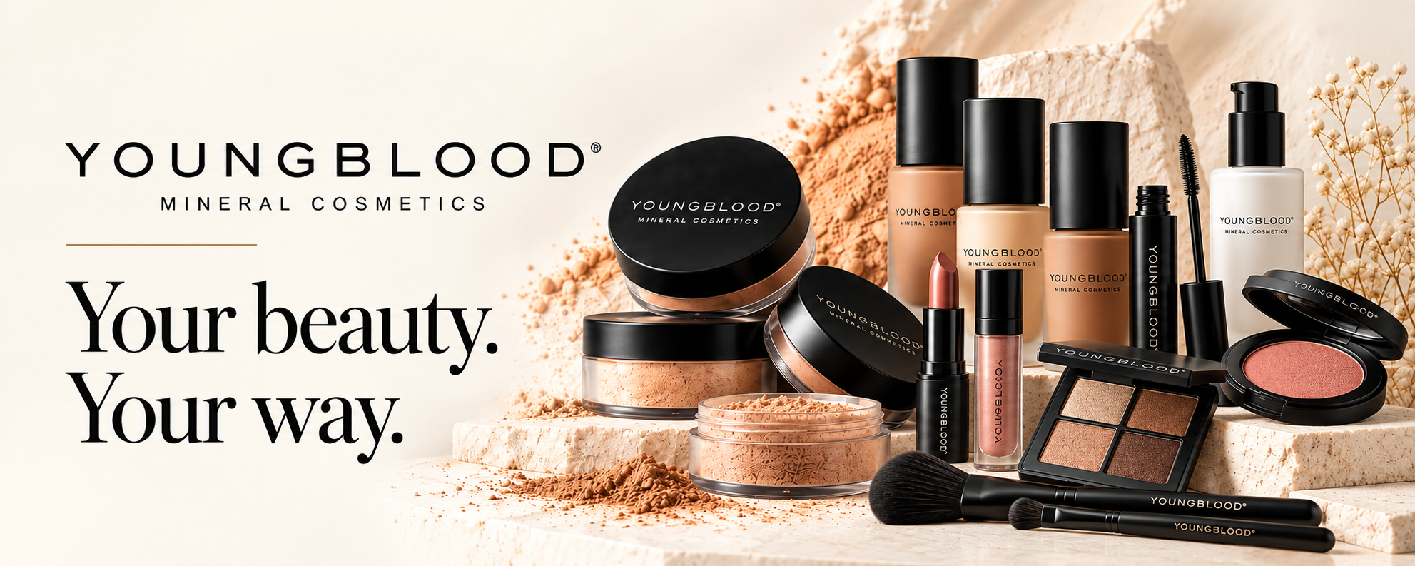 Youngblood cosmetics collection display. Your beauty. Your way.